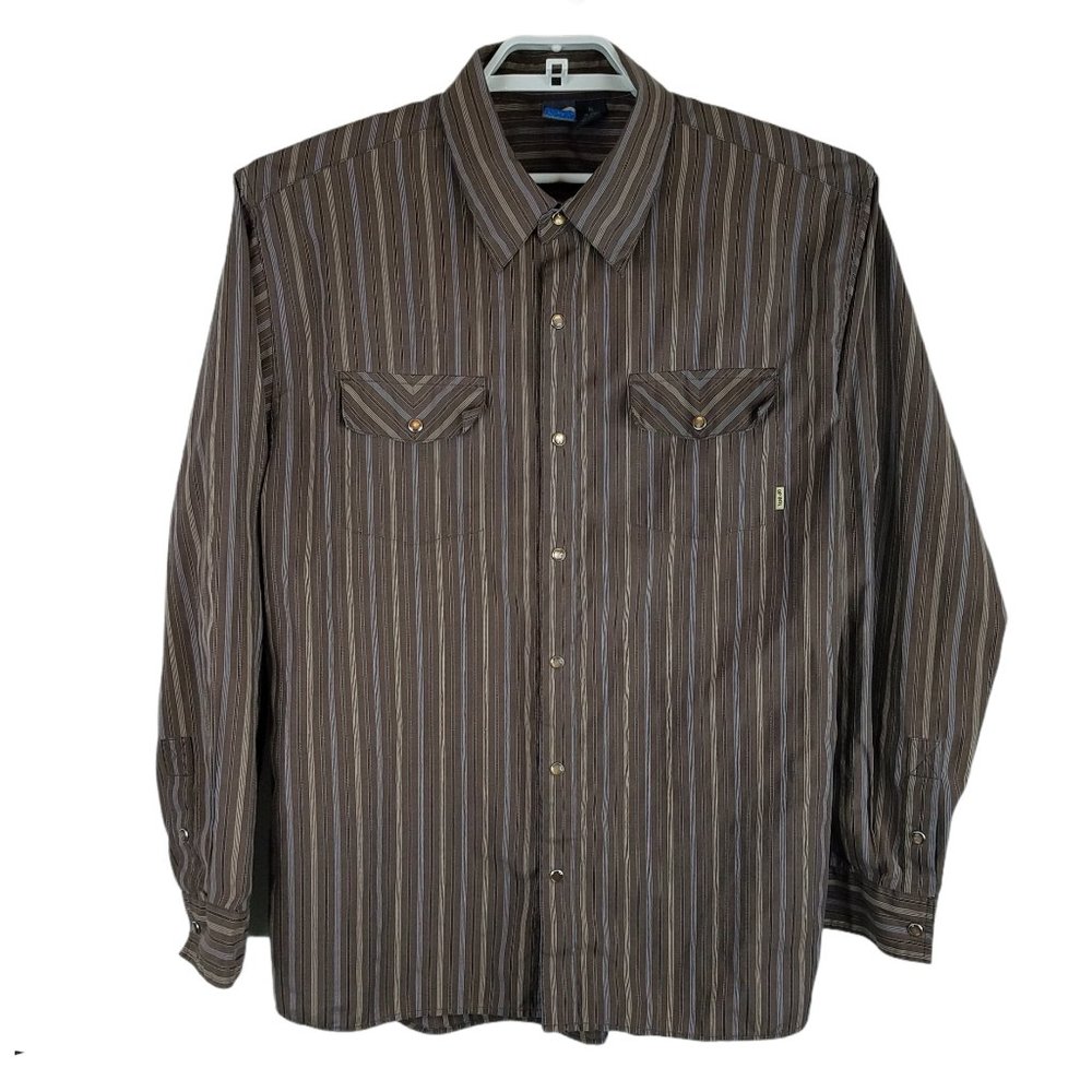 Mens Western Shirt Pearl Snaps Brown XL Long Sleeve Striped OP International